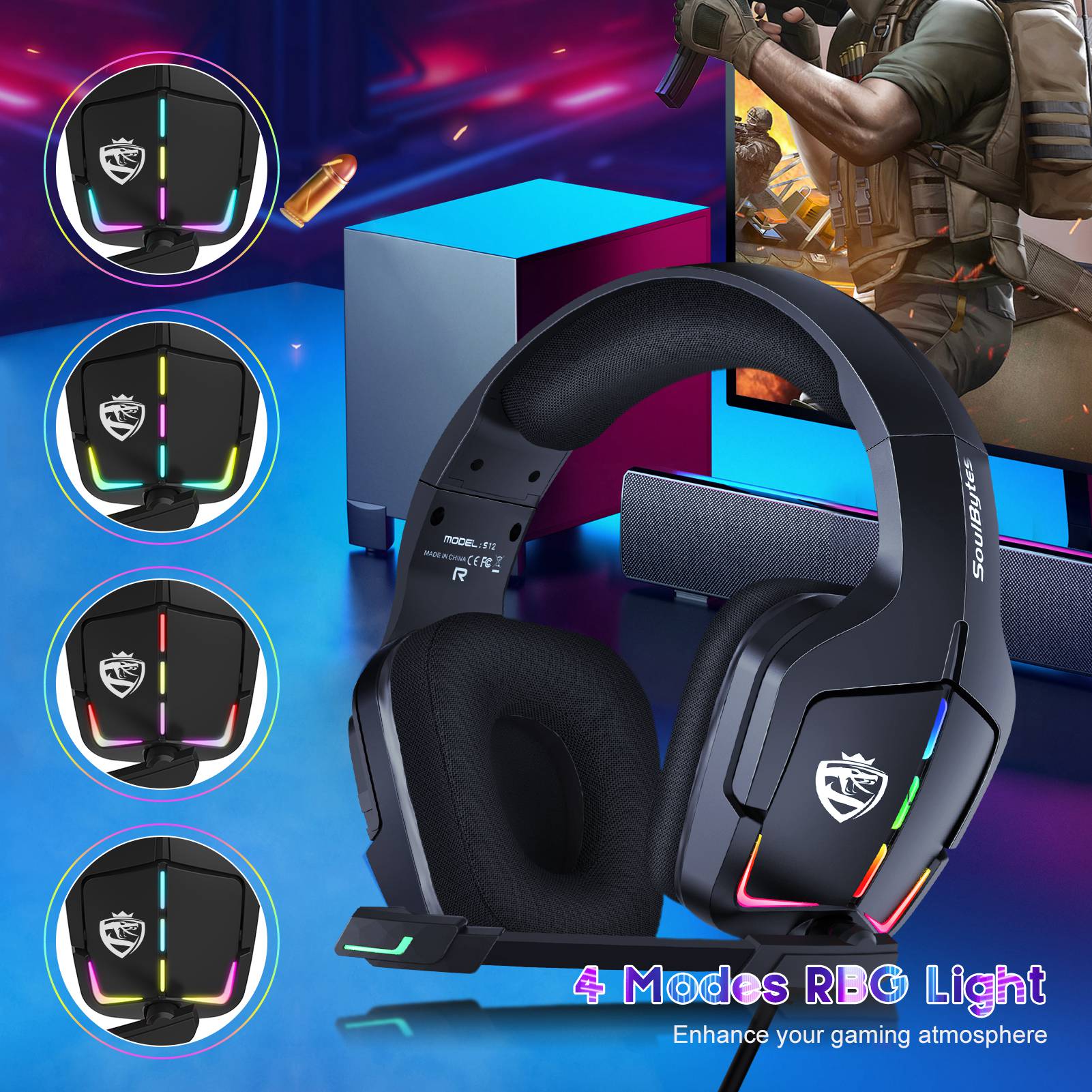 SOULBYTES S12 USB+3.5mm Wired Over-Ear Gaming Headphone RGB LED Light Professional E-sports Headset with Adjustable Microphone SOULBYTES S12 USB+3.5mm Wired Over-Ear Gaming Headphone RGB LED Light Professional E-sports Headset with Adjustable Microphone